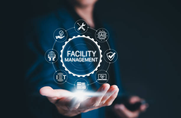 Facility Management Digital Transformation Concept. Business professional presents futuristic facility management system with icon representing maintenance, automation, and infrastructure optimization