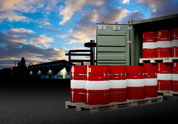 Oil in logistics center. Barrels of fuel next to sea container. Concert preparation of oil for transportation daughter red barrels in logistics center. Barrels of crude oil outdoors. 3d rendering.